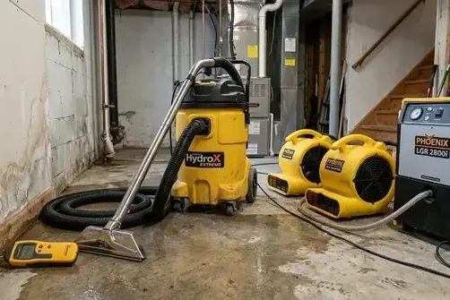 An extraction unit, air movers, a dehumidifier and a moisture meter set up in a basement