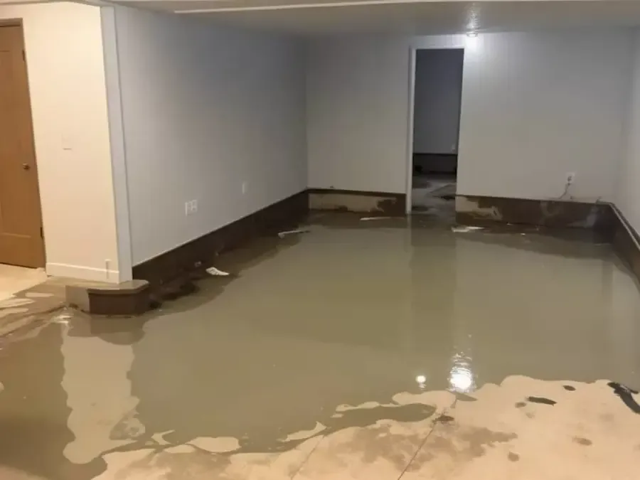 A flooded basement room with water across the whole floor