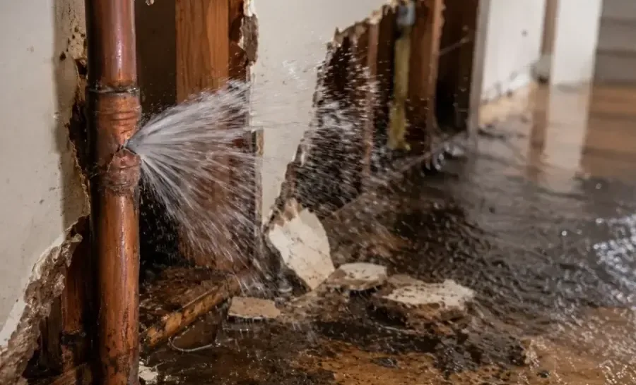 Water spraying from a failed appliance supply line onto the floor