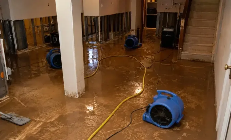 Standing water spread across the floor of a finished basement