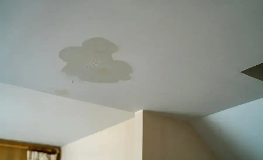 Water stains spreading across a ceiling under an upstairs bathroom