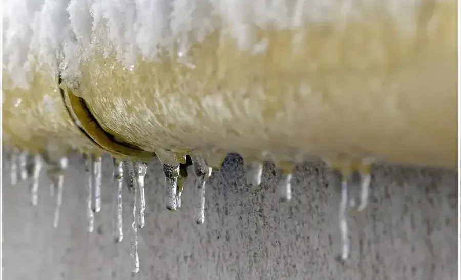 Icicles hanging from a split pipe after a hard freeze