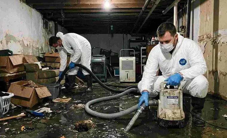 Workers in protective suits pumping a sewage backup out of a cluttered basement