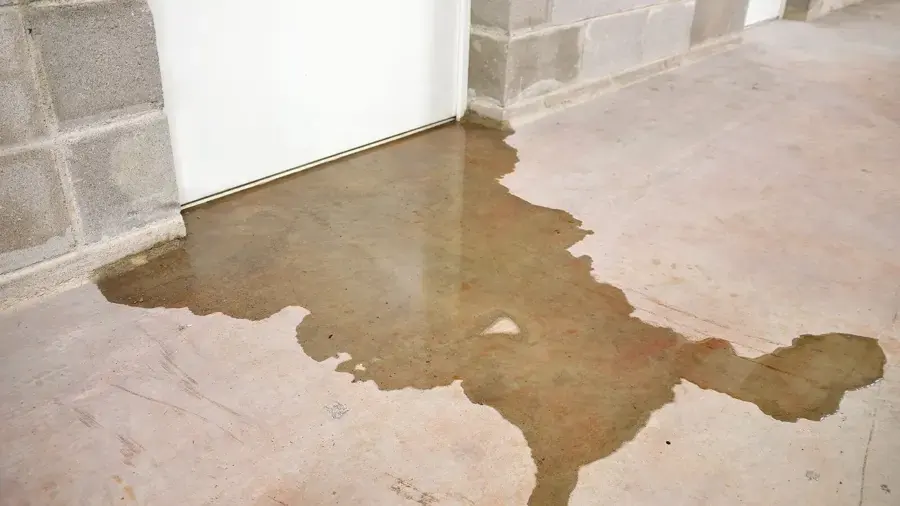 Snowmelt seepage spreading across a basement floor from a block wall