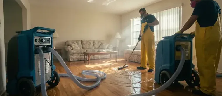 Air movers and dehumidifiers drying a room after a water loss