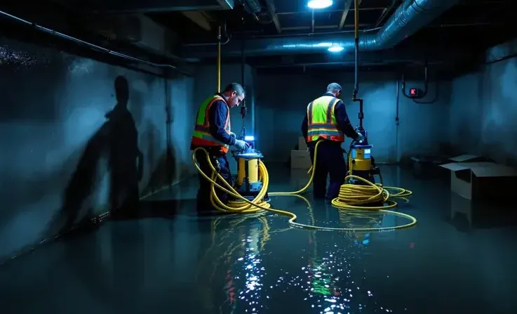 Two technicians with pumps and hoses working in a flooded basement