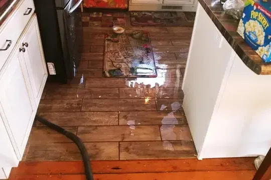 An extraction hose pulling standing water off a flooded kitchen floor